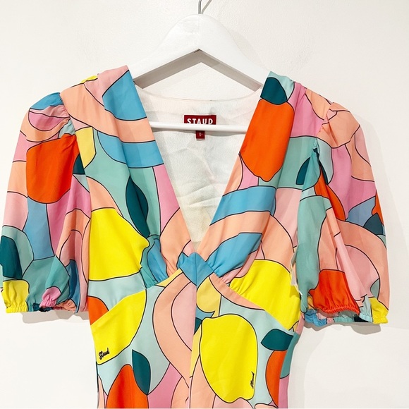 Staud Mini Milla Dress in Citrus Kaleidoscope Multicolor Puff Sleeve in Size 0 - Picture 12 of 16
